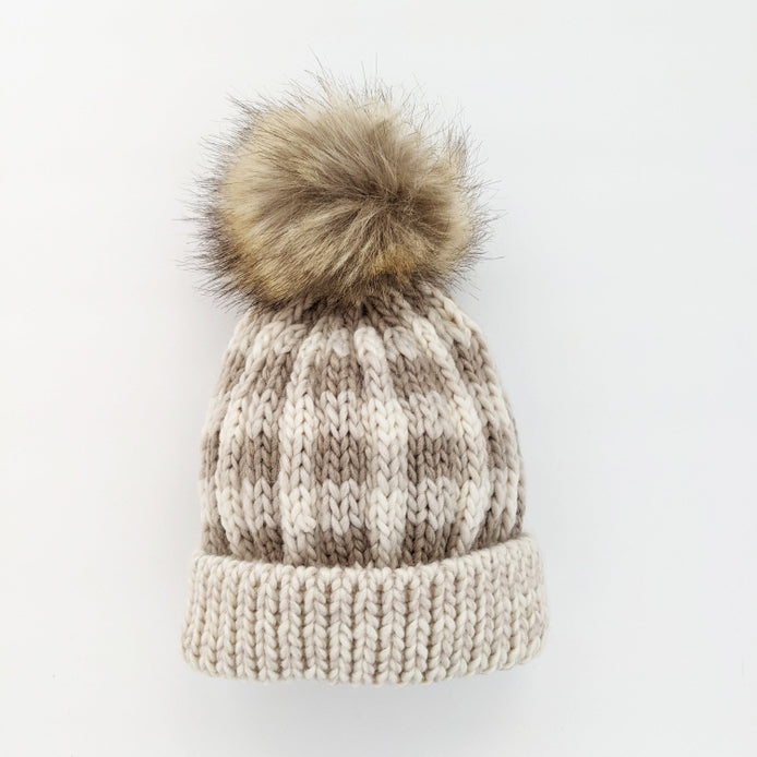 Pebble Brown Buffalo Check Pom-Pom Beanie Hat