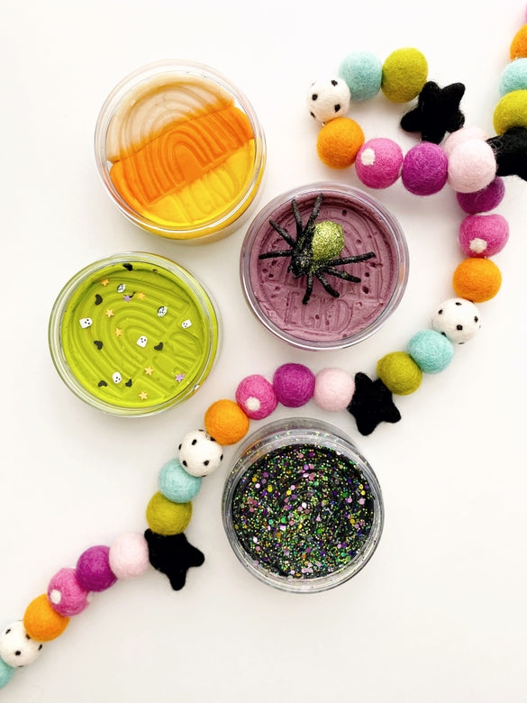 Earth Grown KidDough Halloween Sensory Playdough - Candy Corn, Poison Apple, Black glitter, Spider purple