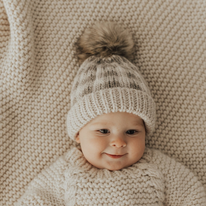 Pebble Brown Buffalo Check Pom-Pom Beanie Hat