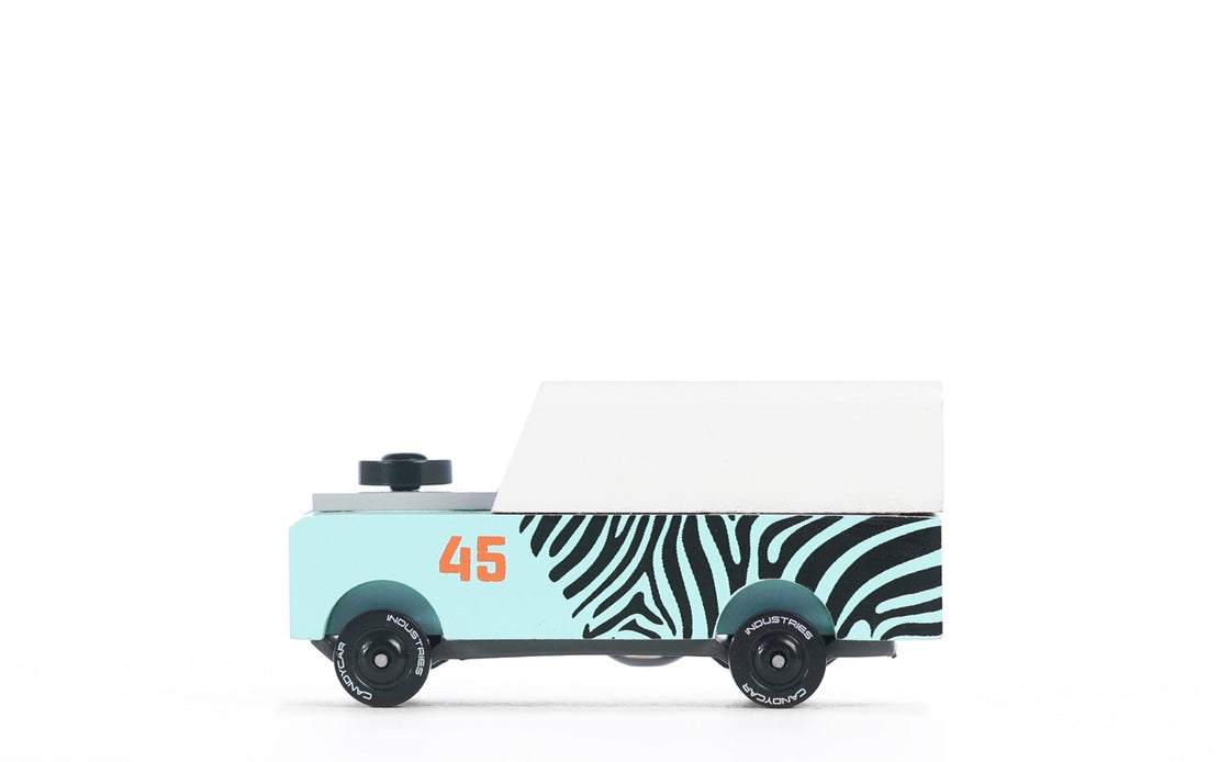 Wooden toy car painted blue with zebra stripes