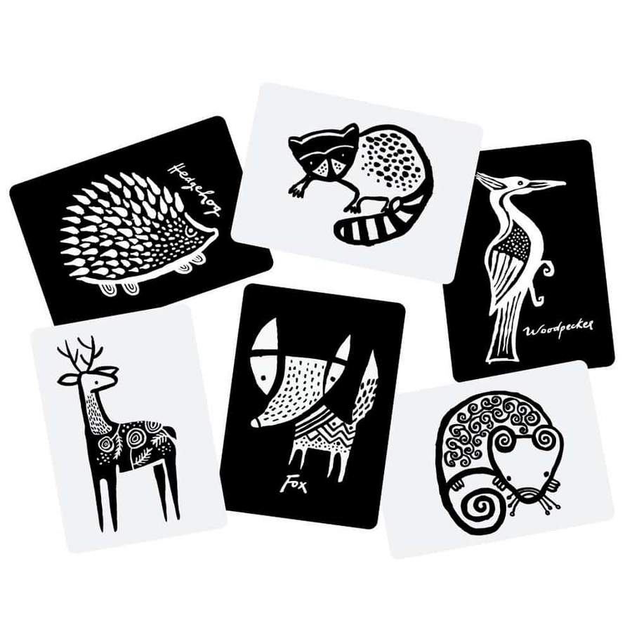 black and white woodland animal flashcards